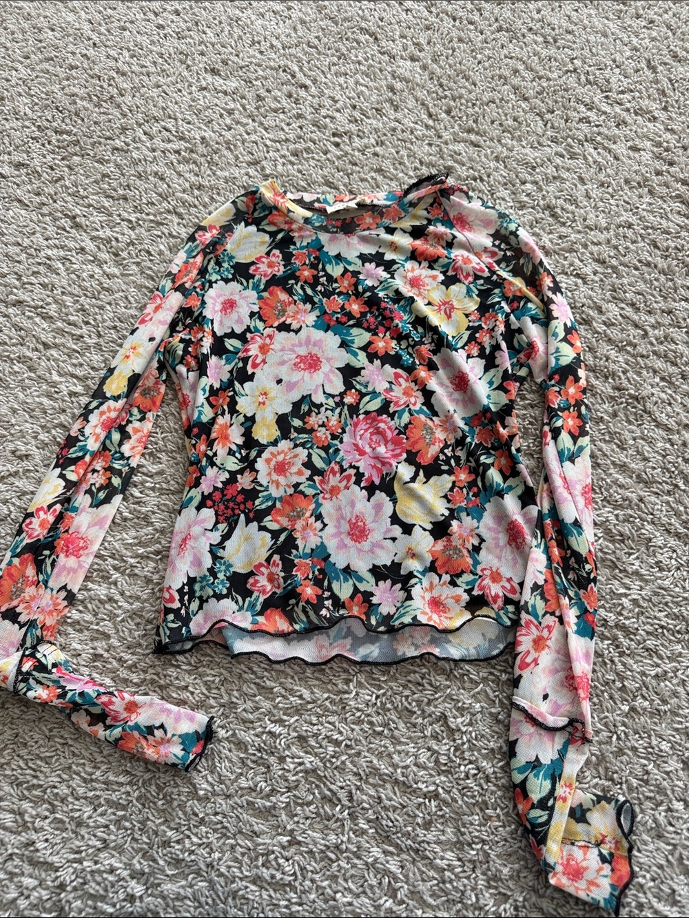 Promesa Black Floral Long Sleeve Top with Pink & Coral Blooms